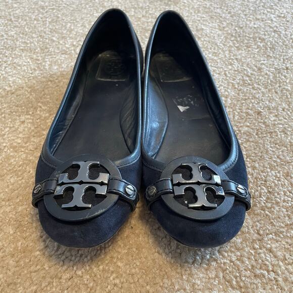 Tory Burch Black Suede Ballet Flats Big Logo SZ 8.5 Classic Designer Shoes - Picture 2 of 10